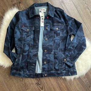 Denim Jean Jacket with Camo inspired Print Dark wash  Oversized  Medium